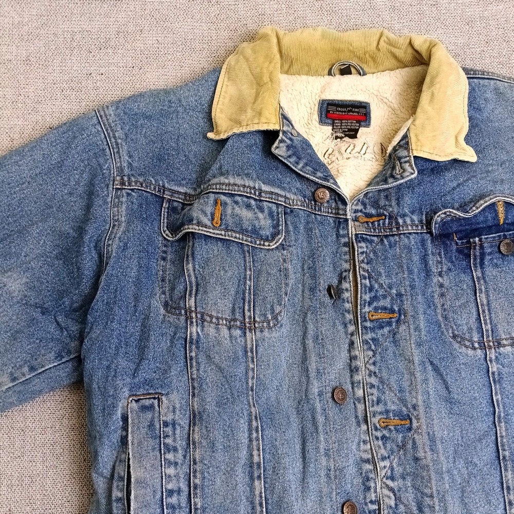 Cross Fire Denim Trucker Jacket Mens XL Blue Good Sherpa Lined Corduroy Collar
